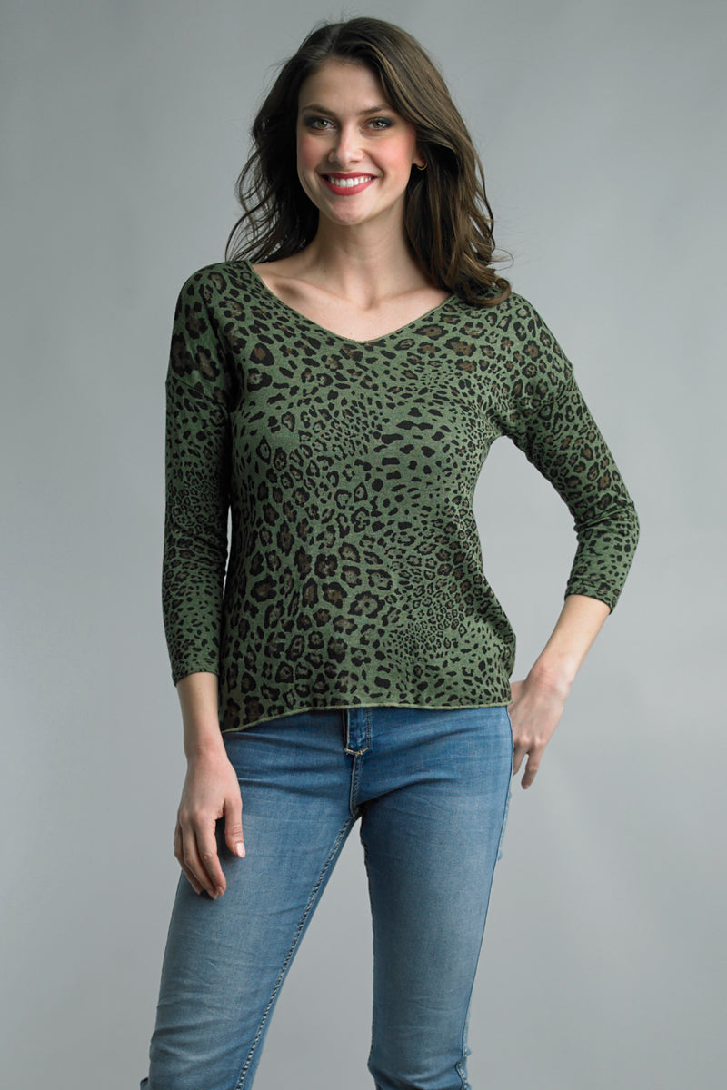 Tempo Paris Olive Leopard Print V Neck Sweater-Sweaters-Tempo Paris-Deja Nu Boutique, Women's Fashion Boutique in Lampasas, Texas