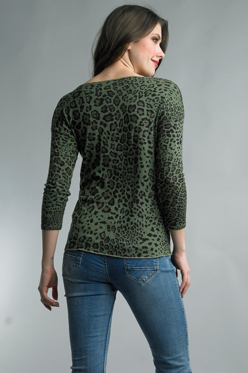 Tempo Paris Olive Leopard Print V Neck Sweater-Sweaters-Tempo Paris-Deja Nu Boutique, Women's Fashion Boutique in Lampasas, Texas