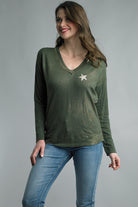 Tempo Paris Olive Sparkly Star Top With Leopard Print Back-Short Sleeves-Tempo Paris-Deja Nu Boutique, Women's Fashion Boutique in Lampasas, Texas