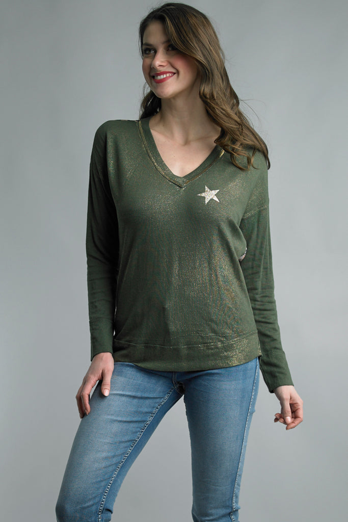 Tempo Paris Olive Sparkly Star Top With Leopard Print Back-Short Sleeves-Tempo-Deja Nu Boutique, Women's Fashion Boutique in Lampasas, Texas
