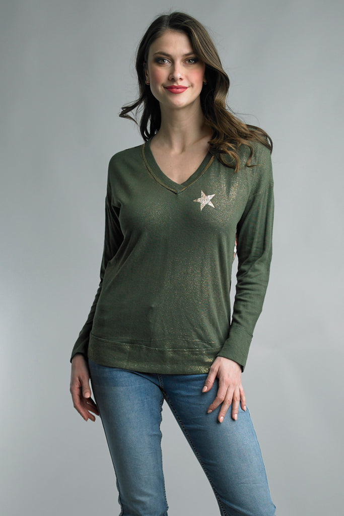 Tempo Paris Olive Sparkly Star Top With Leopard Print Back-Short Sleeves-Tempo-Deja Nu Boutique, Women's Fashion Boutique in Lampasas, Texas