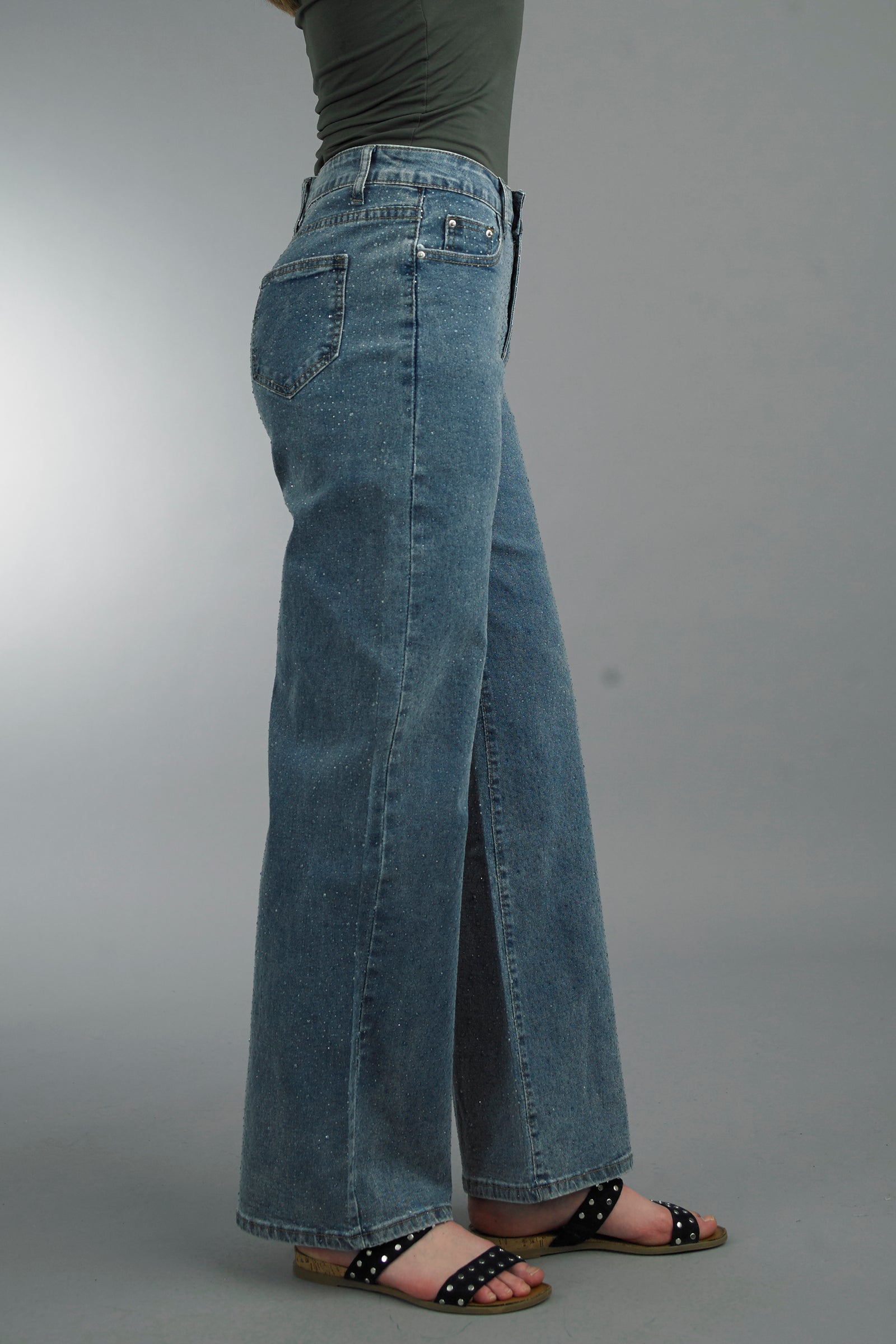 Tempo Paris Rhinestone Wide Leg Denim Jeans Made in Italy-Jeans-Tempo Paris-Deja Nu Boutique, Women's Fashion Boutique in Lampasas, Texas