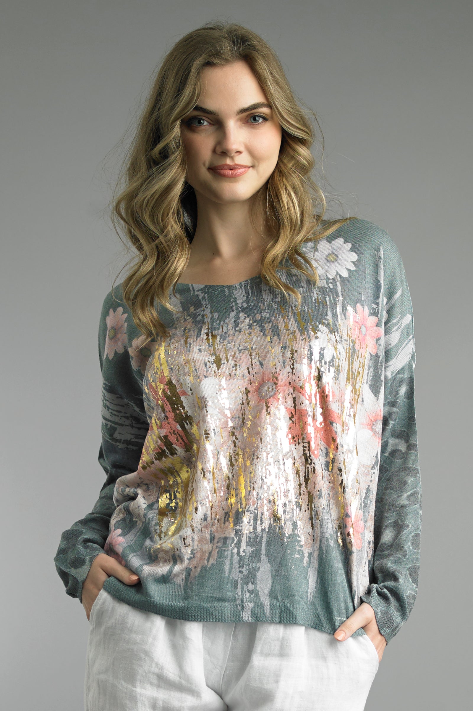 Tempo Paris Seafoam Floral Art Top – Made in Italy-Tops-Tempo Paris-Deja Nu Boutique, Women's Fashion Boutique in Lampasas, Texas