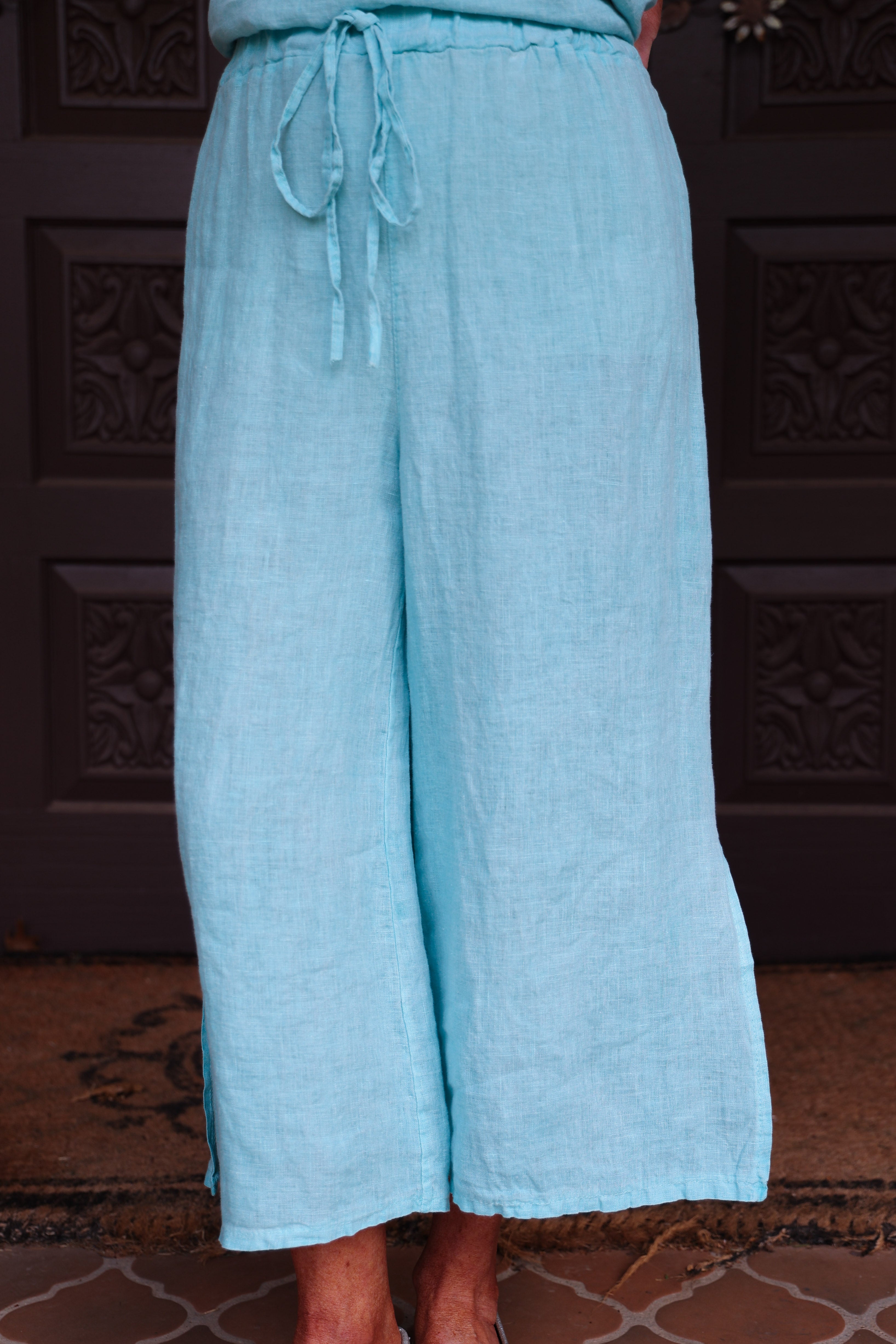 Tempo Paris Side Slit Crop Wide Leg Linen Pant In Tiffany Blue-Bottoms-Tempo Paris-Deja Nu Boutique, Women's Fashion Boutique in Lampasas, Texas