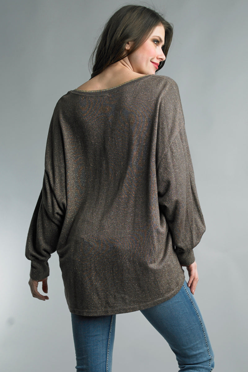 Tempo Paris Taupe Sparkle High Low Sweater-Sweaters-Tempo-Deja Nu Boutique, Women's Fashion Boutique in Lampasas, Texas