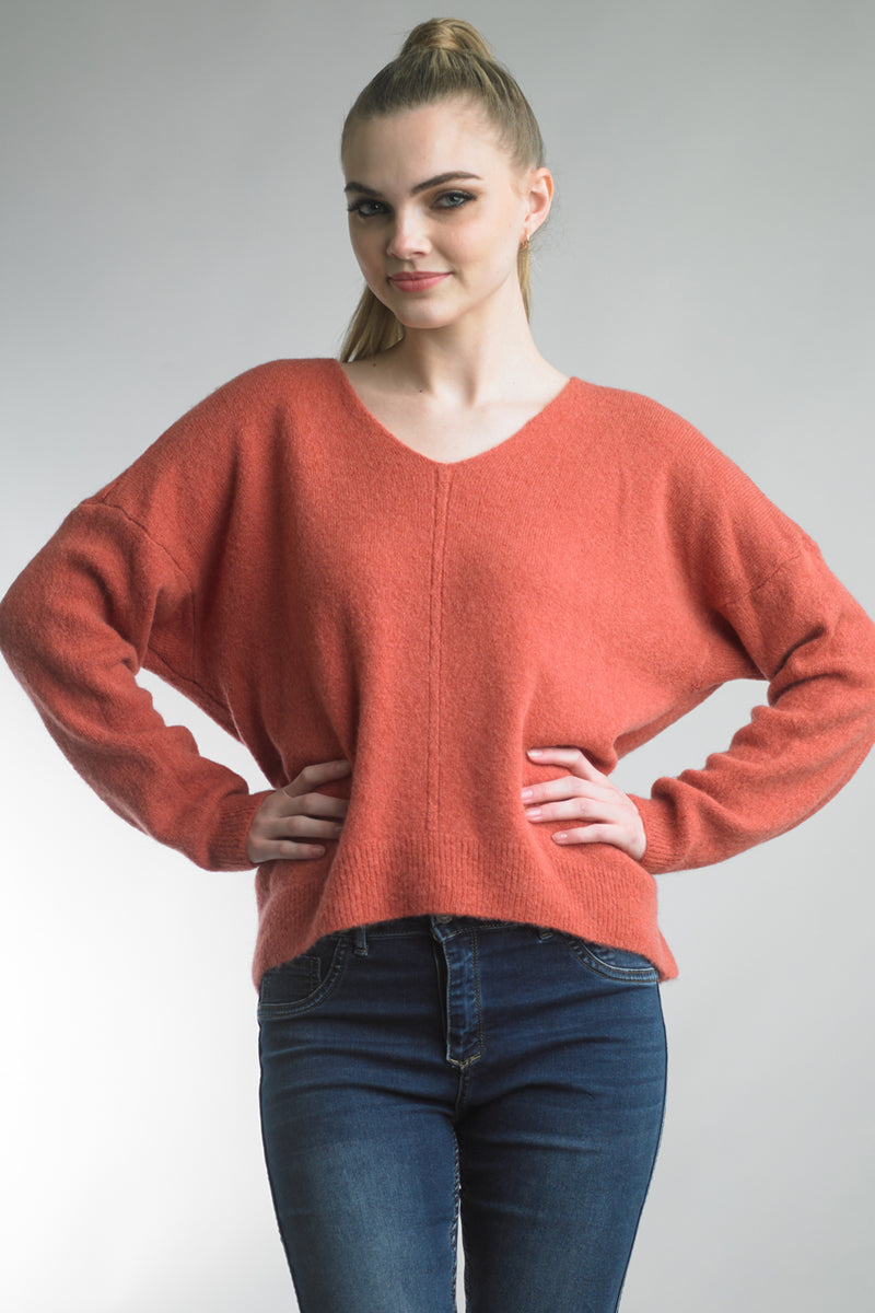 Tempo Paris V-Neck Dolman Sleeve Coral High Low Sweater-Sweaters-Tempo Paris-Deja Nu Boutique, Women's Fashion Boutique in Lampasas, Texas