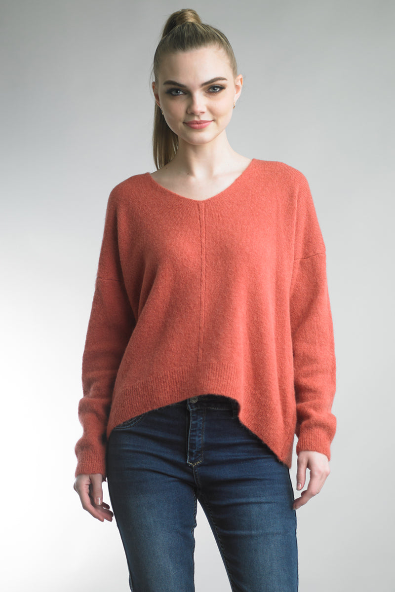 Tempo Paris V-Neck Dolman Sleeve Coral High Low Sweater-Sweaters-Tempo Paris-Deja Nu Boutique, Women's Fashion Boutique in Lampasas, Texas