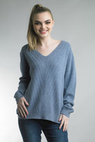 Tempo Paris V-Neckline Tunic Sweater With Front Seam Details In Blue-Sweaters-Tempo Paris-Deja Nu Boutique, Women's Fashion Boutique in Lampasas, Texas