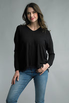 Tempo Paris V Neck Black Fringe Hem Sweater-Sweaters-Tempo Paris-Deja Nu Boutique, Women's Fashion Boutique in Lampasas, Texas