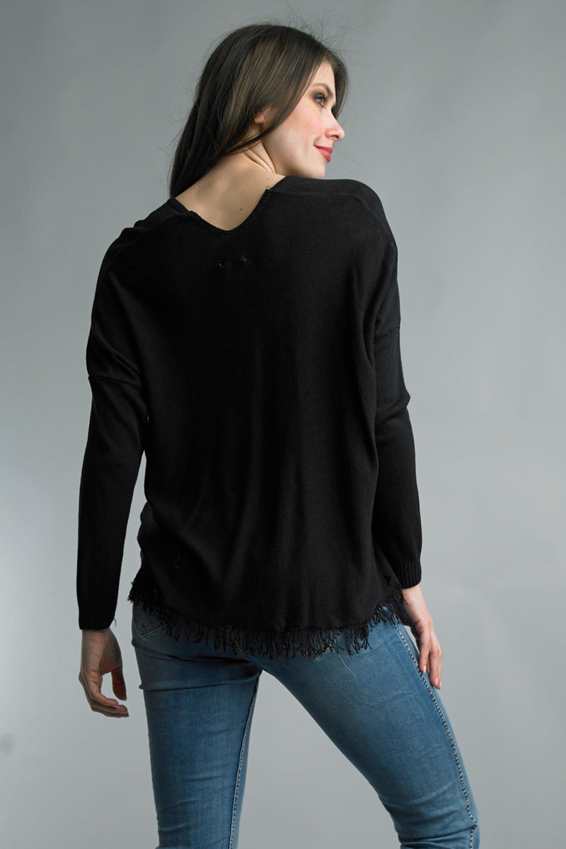 Tempo Paris V Neck Black Fringe Hem Sweater-Sweaters-Tempo Paris-Deja Nu Boutique, Women's Fashion Boutique in Lampasas, Texas