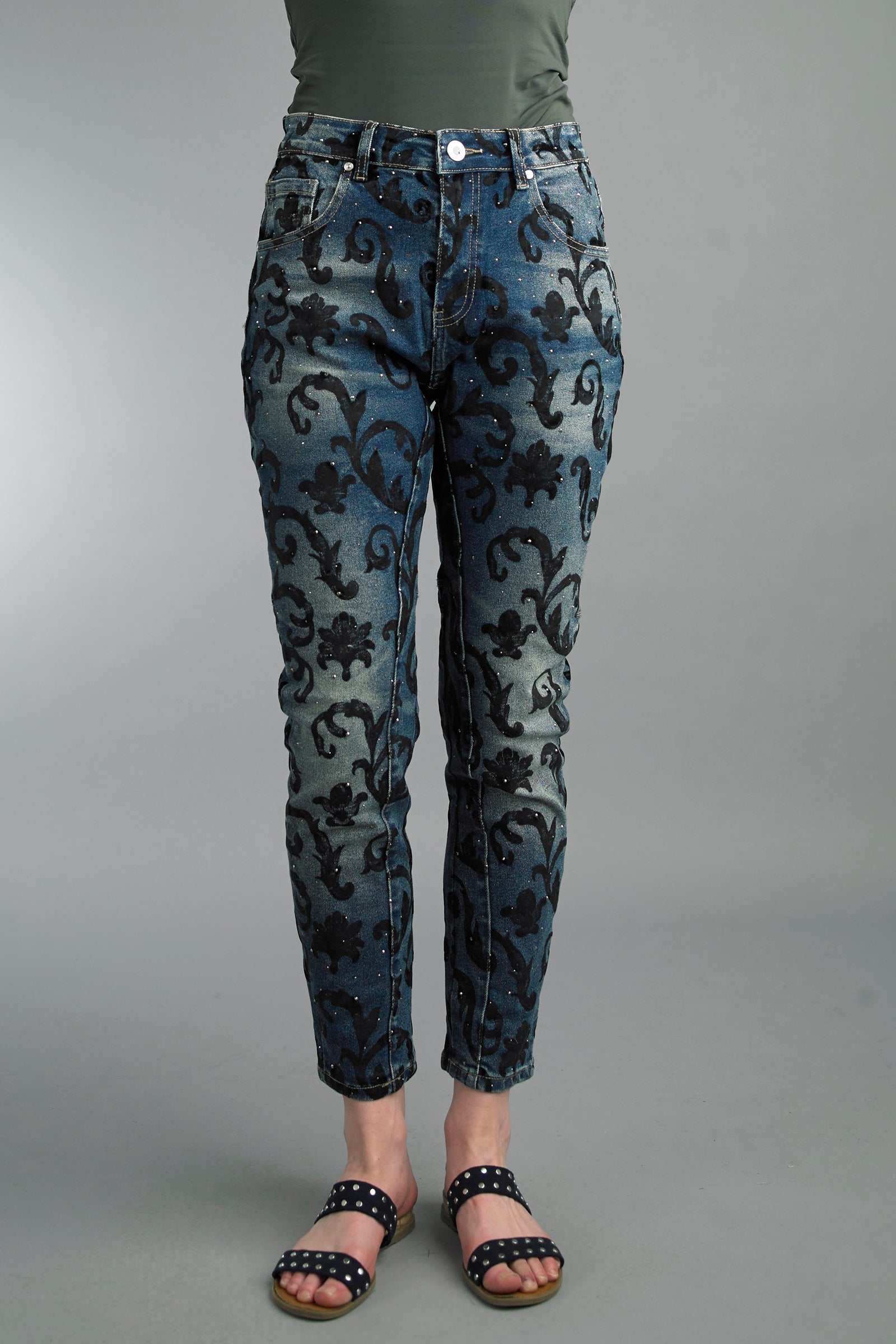 Tempo Paris Velvet Scroll Denim Jeans Made in Italy-Jeans-Tempo Paris-Deja Nu Boutique, Women's Fashion Boutique in Lampasas, Texas