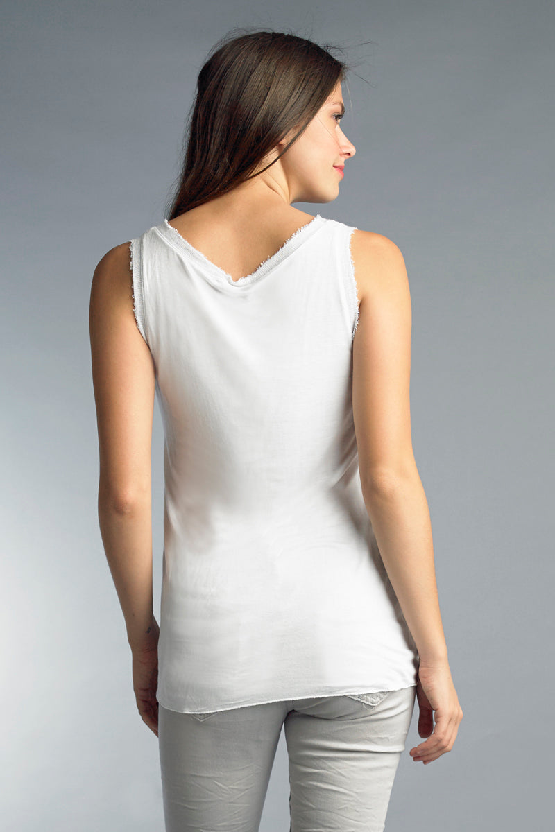 Tempo Paris White Linen Tank With Frayed Neckline-Camis/Tanks-Tempo Paris-Deja Nu Boutique, Women's Fashion Boutique in Lampasas, Texas