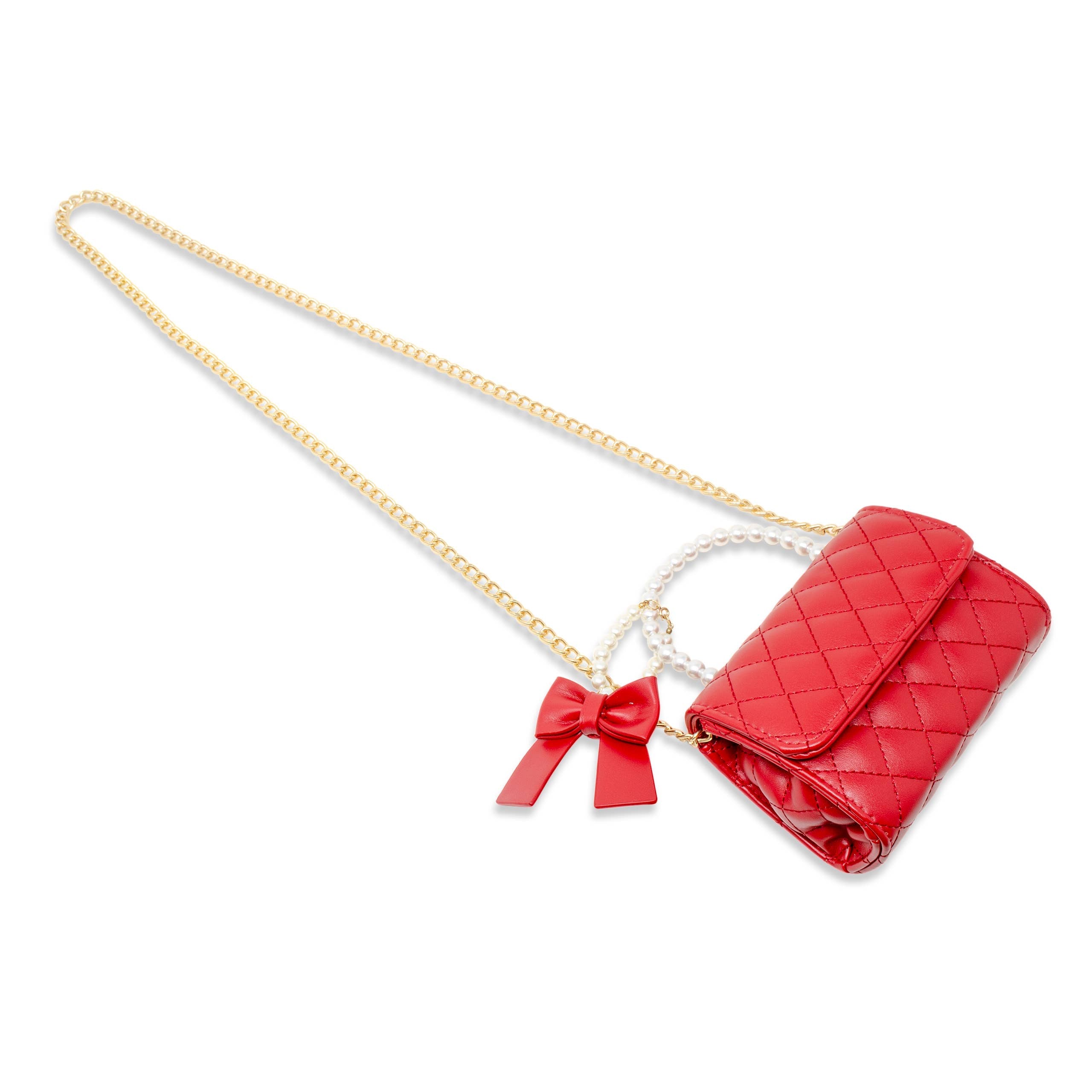 Tiny Treats and ZOMI GEMS Red Quilted Pearl Handle Bow Ribbon Handbag-Kids Handbag-Tiny Treats and ZOMI GEMS-Deja Nu Boutique, Women's Fashion Boutique in Lampasas, Texas