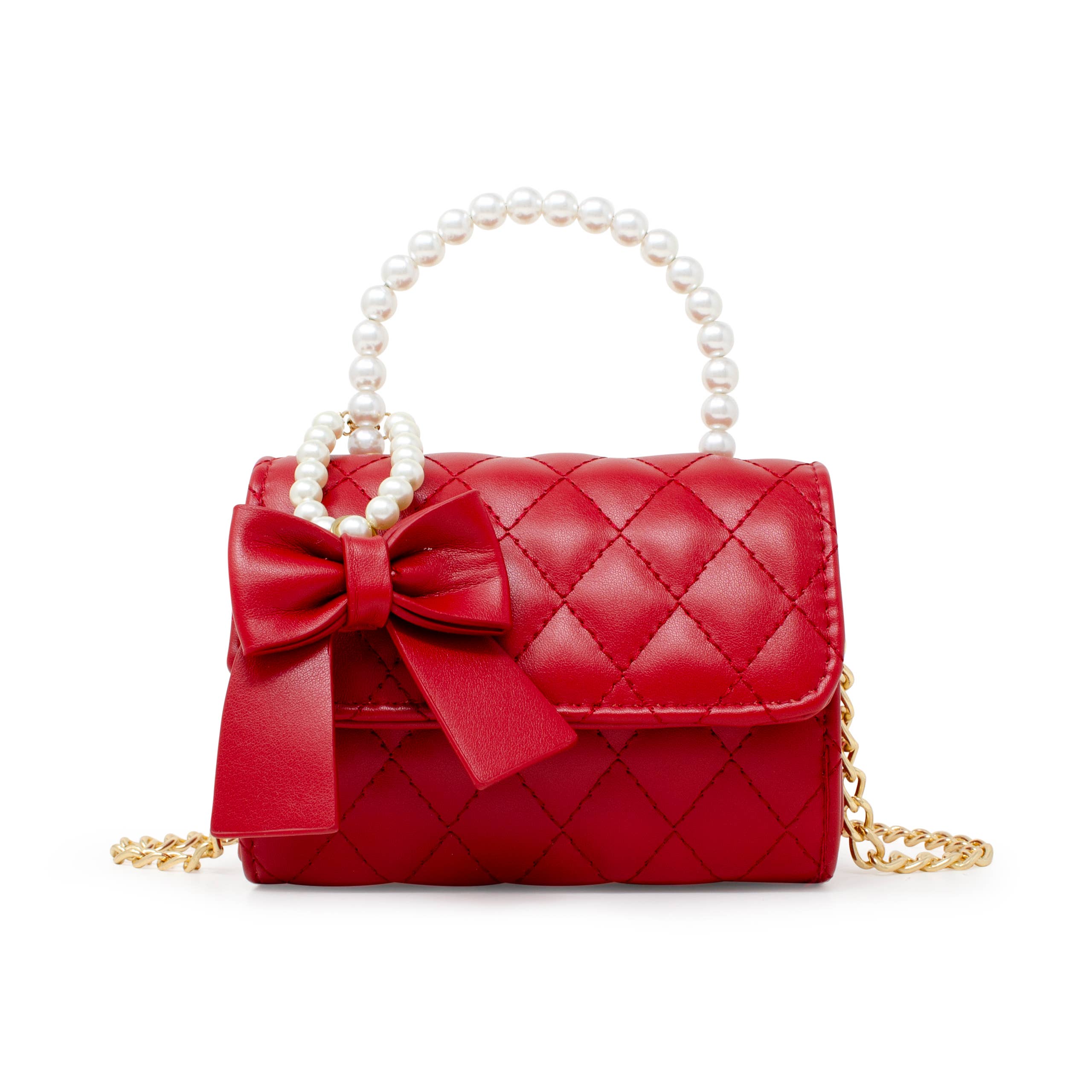 Tiny Treats and ZOMI GEMS Red Quilted Pearl Handle Bow Ribbon Handbag-Kids Handbag-Tiny Treats and ZOMI GEMS-Deja Nu Boutique, Women's Fashion Boutique in Lampasas, Texas
