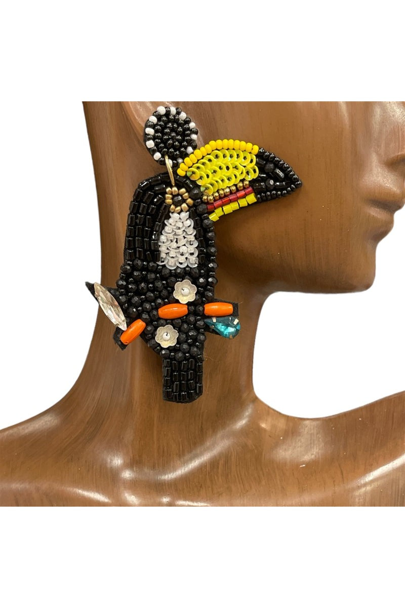 Toucan Rhinestone Dangle Seed Bead Earrings In Black-Earrings-Deja Nu-Deja Nu Boutique, Women's Fashion Boutique in Lampasas, Texas