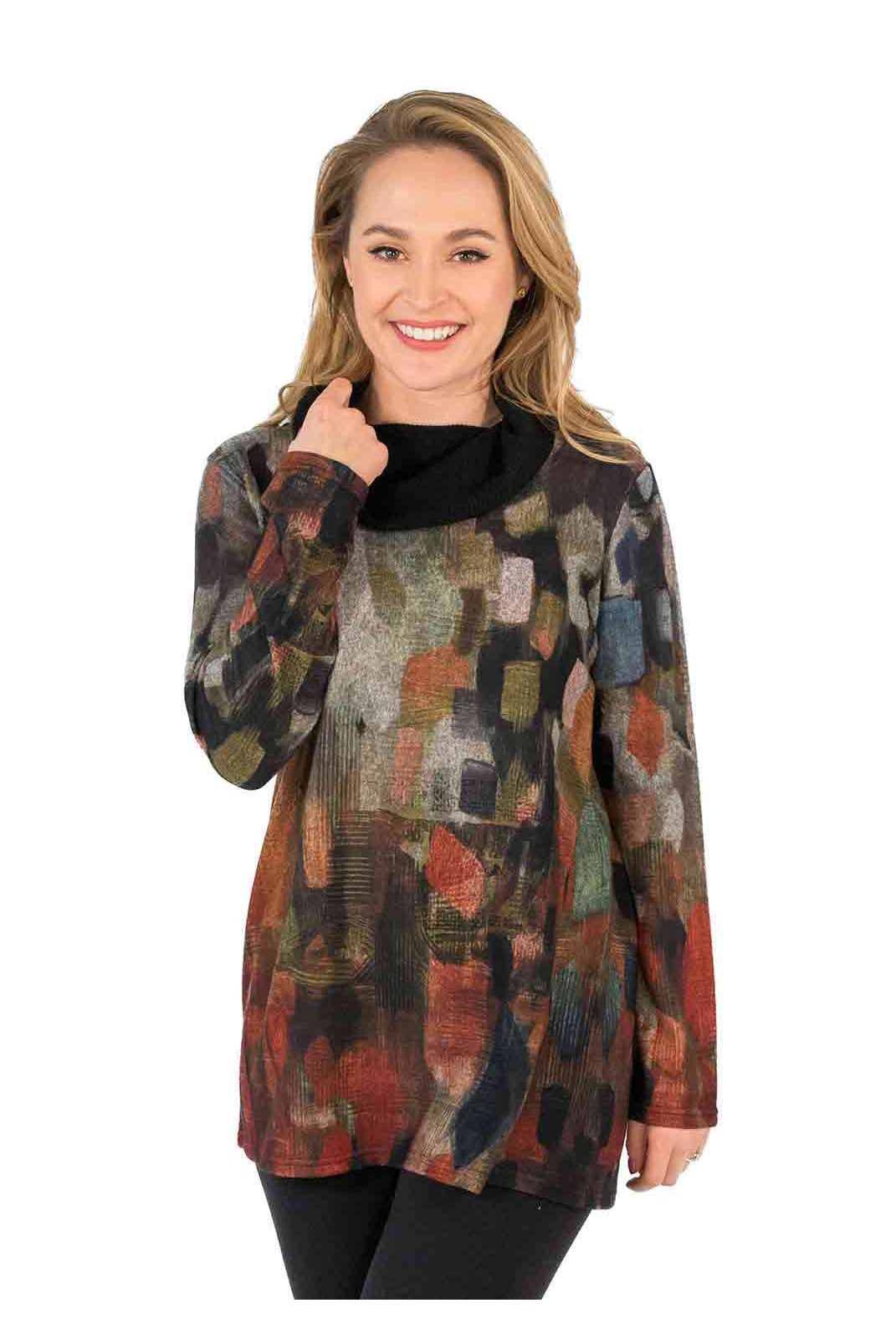 Trisha Tyler Mix Print Contrast Cowl Neck Tunic Sweater In Red Multi-Tunics-Trisha Tyler-Deja Nu Boutique, Women's Fashion Boutique in Lampasas, Texas