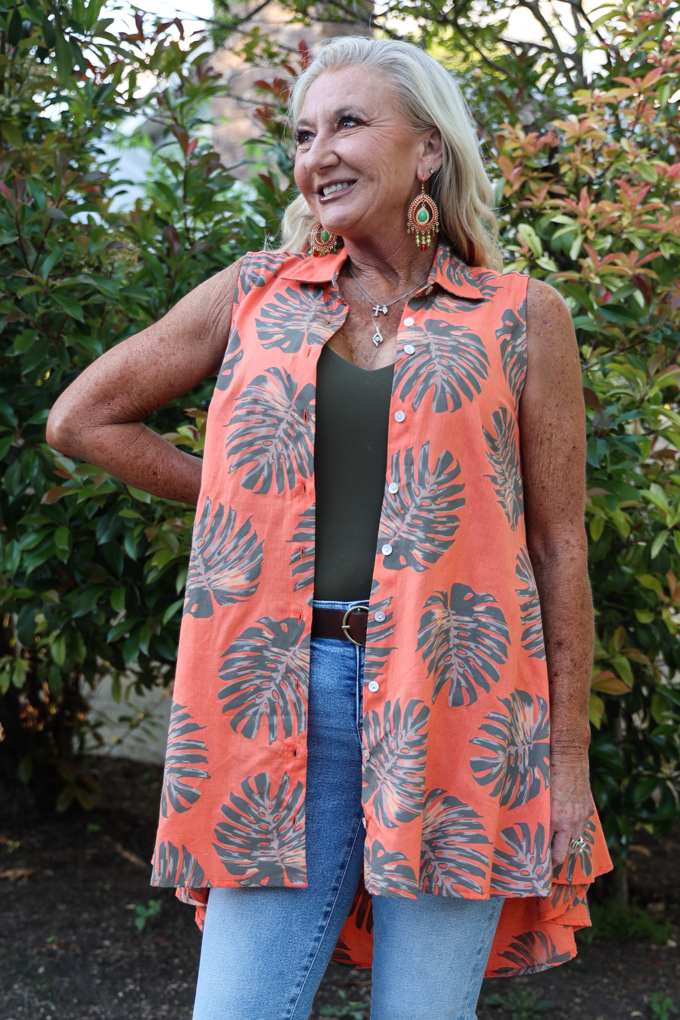 Tropical Sunset Orange Sleeveless Palm Leaf Button Front High Low Top-Tops-Nu-Look-Deja Nu Boutique, Women's Fashion Boutique in Lampasas, Texas