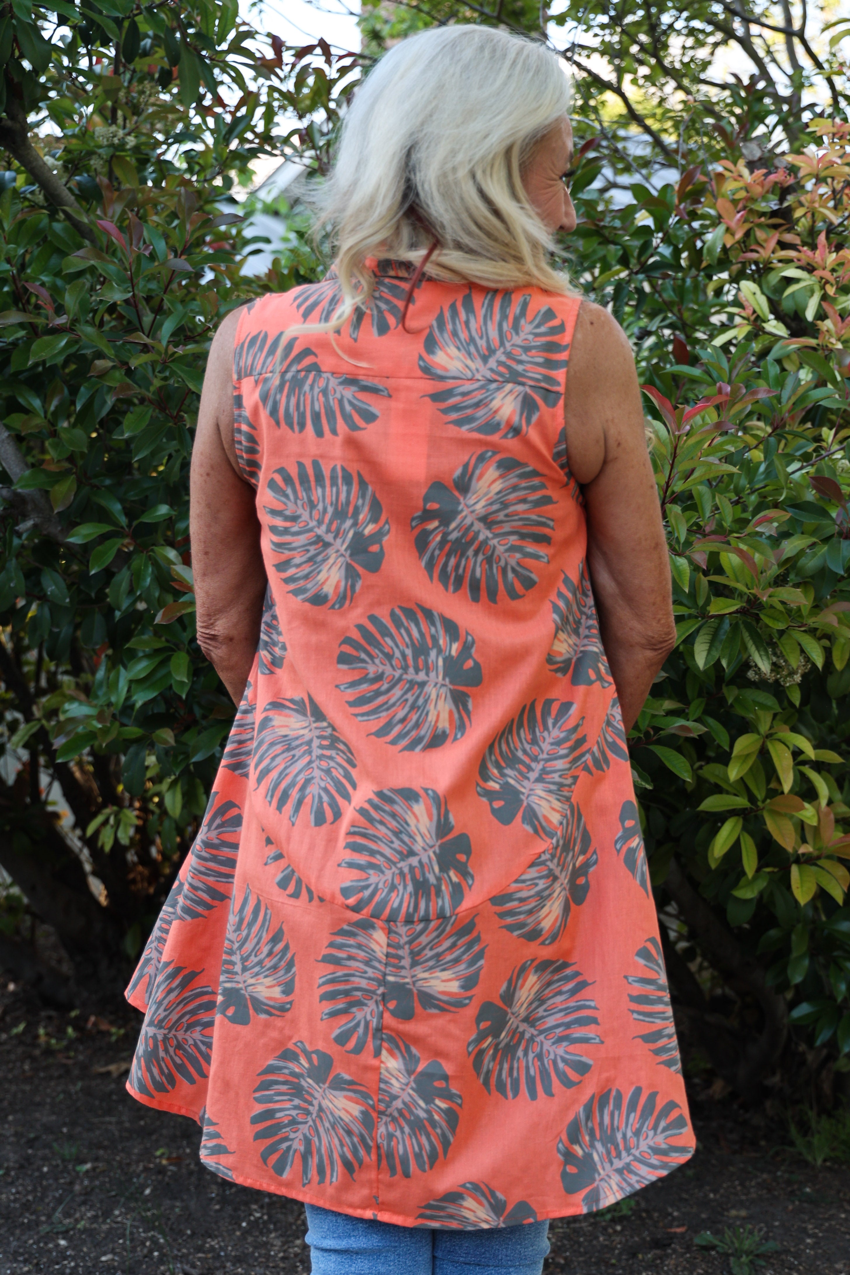 Tropical Sunset Orange Sleeveless Palm Leaf Button Front High Low Top-Tops-Nu-Look-Deja Nu Boutique, Women's Fashion Boutique in Lampasas, Texas