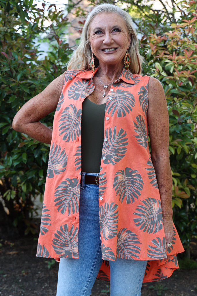 Tropical Sunset Orange Sleeveless Palm Leaf Button Front High Low Top-Tops-Nu-Look-Deja Nu Boutique, Women's Fashion Boutique in Lampasas, Texas