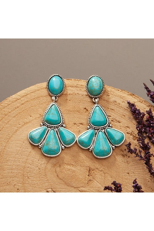 Turquoise Drop Squash Blossom Earrings In Silver-Earrings-Deja Nu-Deja Nu Boutique, Women's Fashion Boutique in Lampasas, Texas