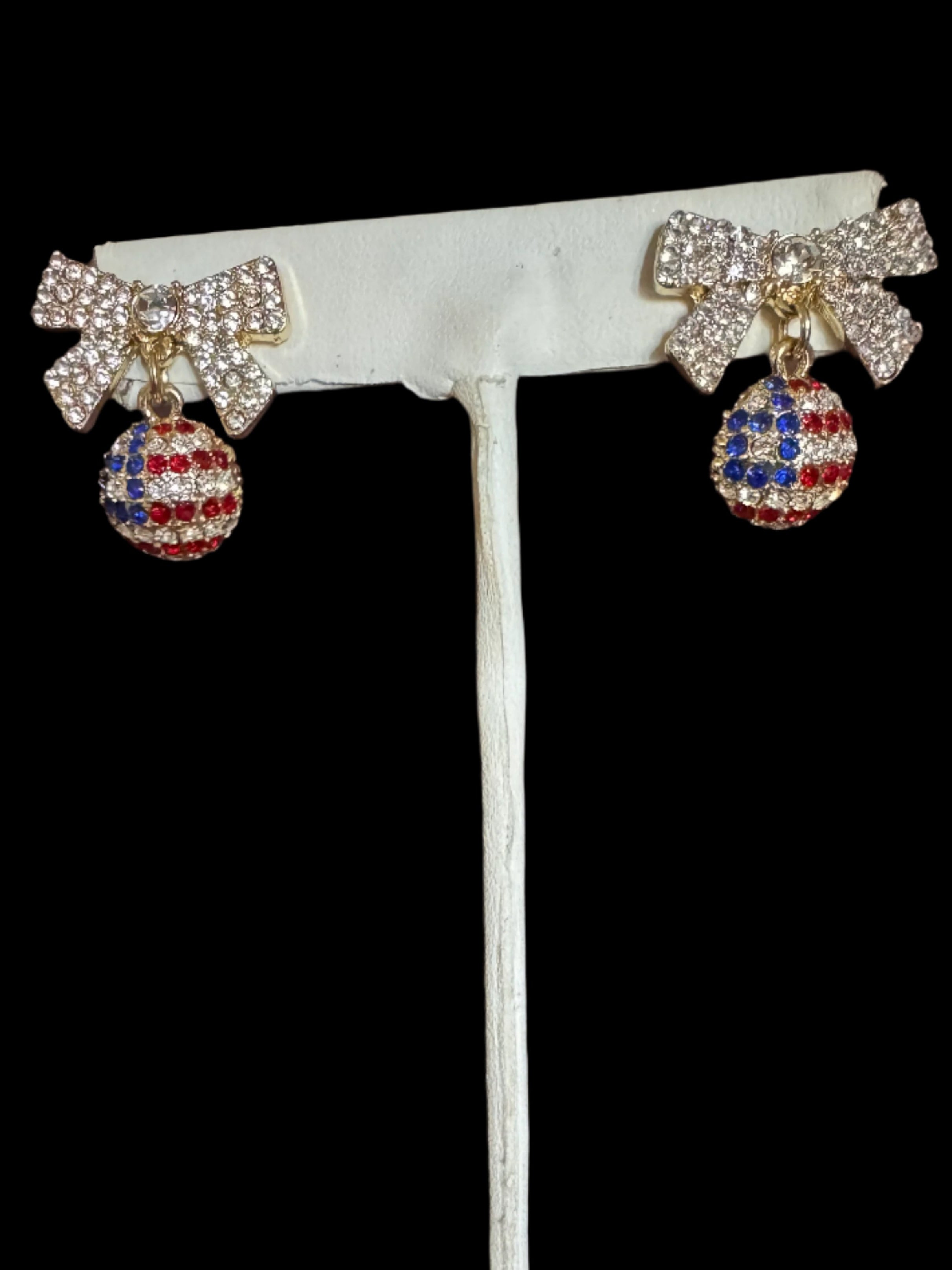 USA Flag Drop Earrings with Rhinestone Bow – Red, White & Bling!-Earrings-Deja Nu Tx-Deja Nu Boutique, Women's Fashion Boutique in Lampasas, Texas