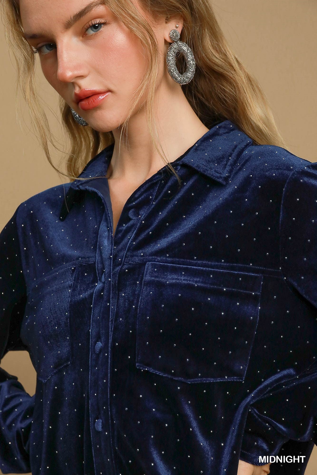 Umgee Beaded Velvet Button Down Shirt With Chest Pocket In Midnight-Tops-Umgee-Deja Nu Boutique, Women's Fashion Boutique in Lampasas, Texas