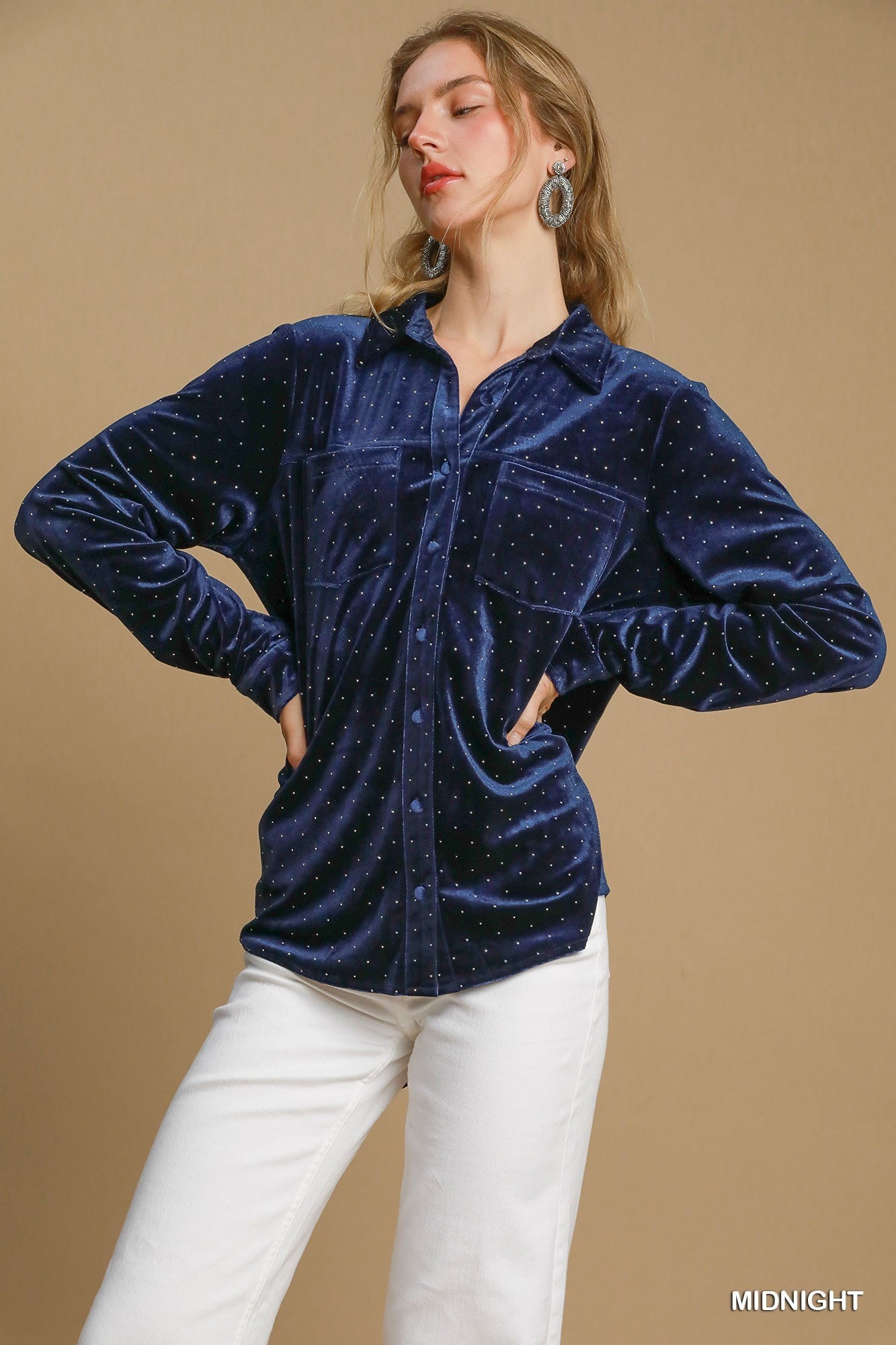 Umgee Beaded Velvet Button Down Shirt With Chest Pocket In Midnight-Tops-Umgee-Deja Nu Boutique, Women's Fashion Boutique in Lampasas, Texas