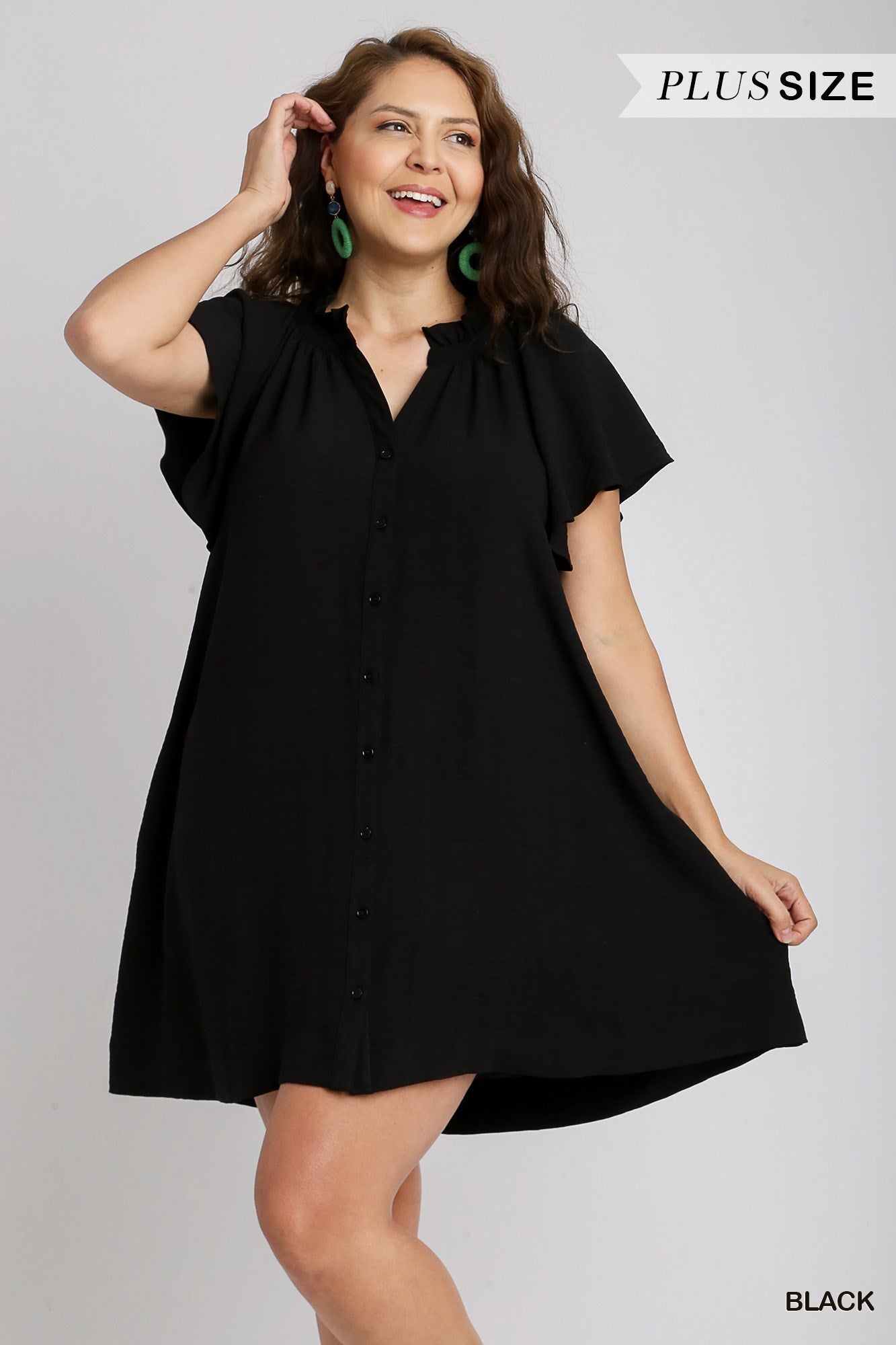 Umgee Black A Line Button Front Short Dress-Curvy/Plus Dresses-Umgee-Deja Nu Boutique, Women's Fashion Boutique in Lampasas, Texas