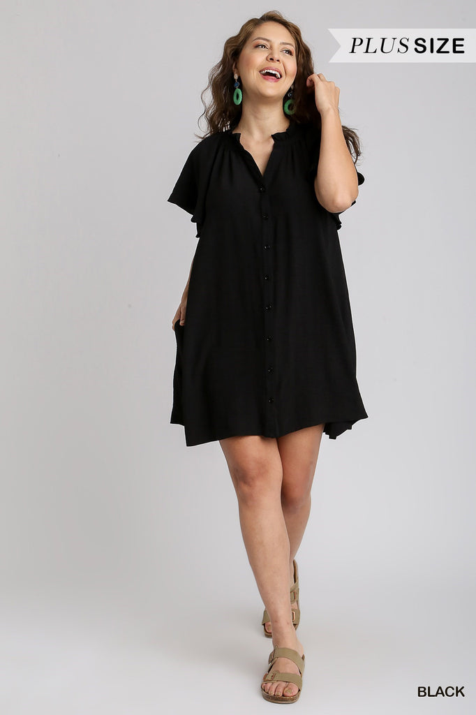 Umgee Black A Line Button Front Short Dress-Curvy/Plus Dresses-Umgee-Deja Nu Boutique, Women's Fashion Boutique in Lampasas, Texas
