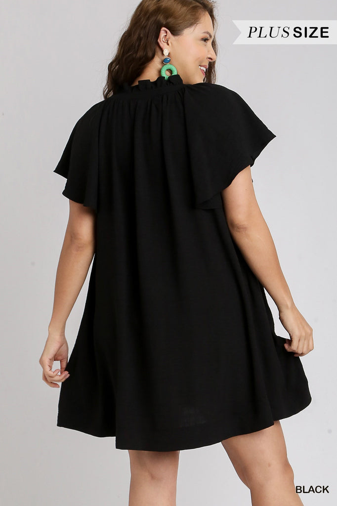 Umgee Black A Line Button Front Short Dress-Curvy/Plus Dresses-Umgee-Deja Nu Boutique, Women's Fashion Boutique in Lampasas, Texas