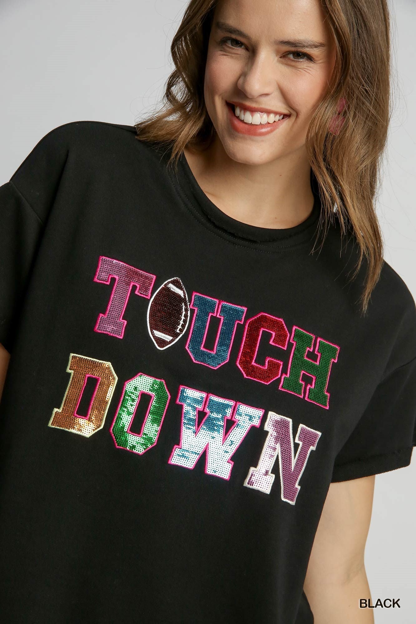 Umgee Black French Terry Sequin Touch Down Top-Tops-Umgee-Deja Nu Boutique, Women's Fashion Boutique in Lampasas, Texas