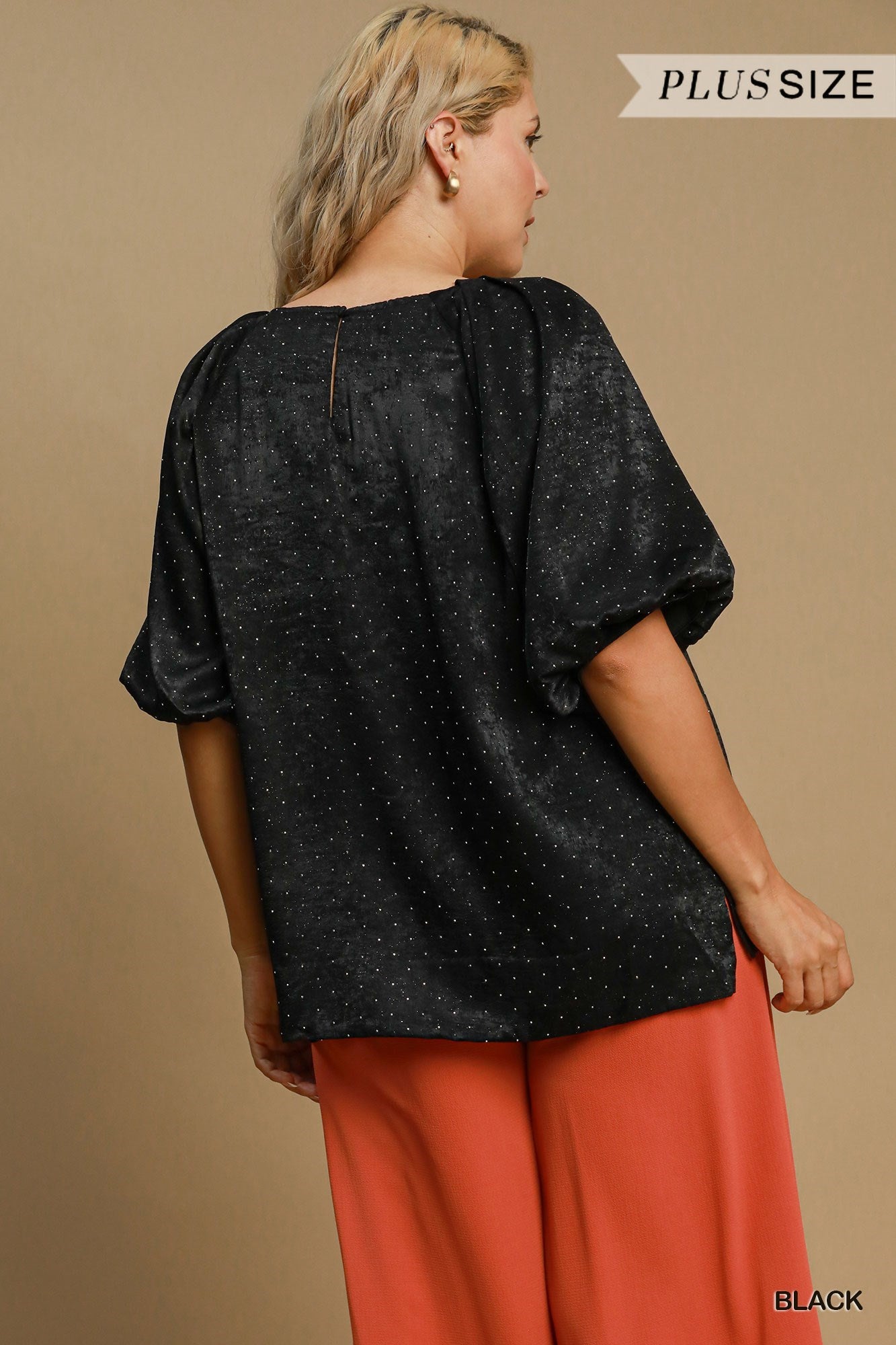 Umgee Black Satin Rhinestone Embellished Blouse With Puff Sleeves-Curvy/Plus Blouses-Umgee-Deja Nu Boutique, Women's Fashion Boutique in Lampasas, Texas