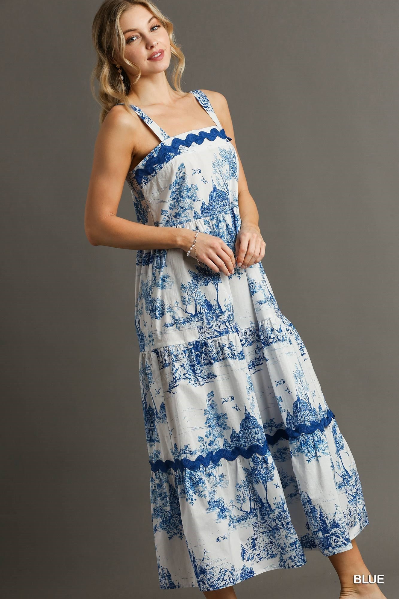 Umgee Blue And White Landscape Tiered Dress With Ric Rac Trim-Dresses-Umgee-Deja Nu Boutique, Women's Fashion Boutique in Lampasas, Texas