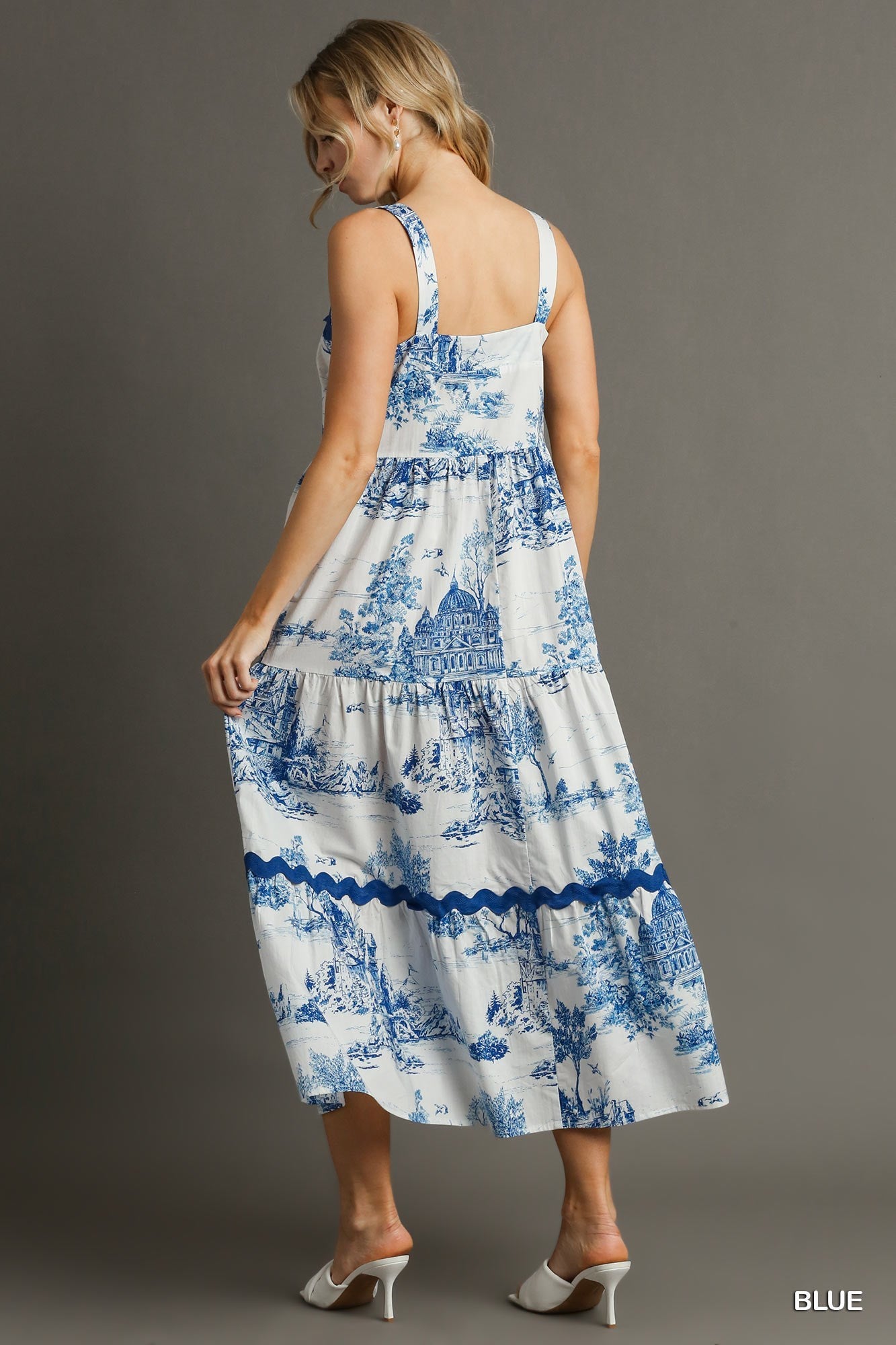 Umgee Blue And White Landscape Tiered Dress With Ric Rac Trim-Dresses-Umgee-Deja Nu Boutique, Women's Fashion Boutique in Lampasas, Texas