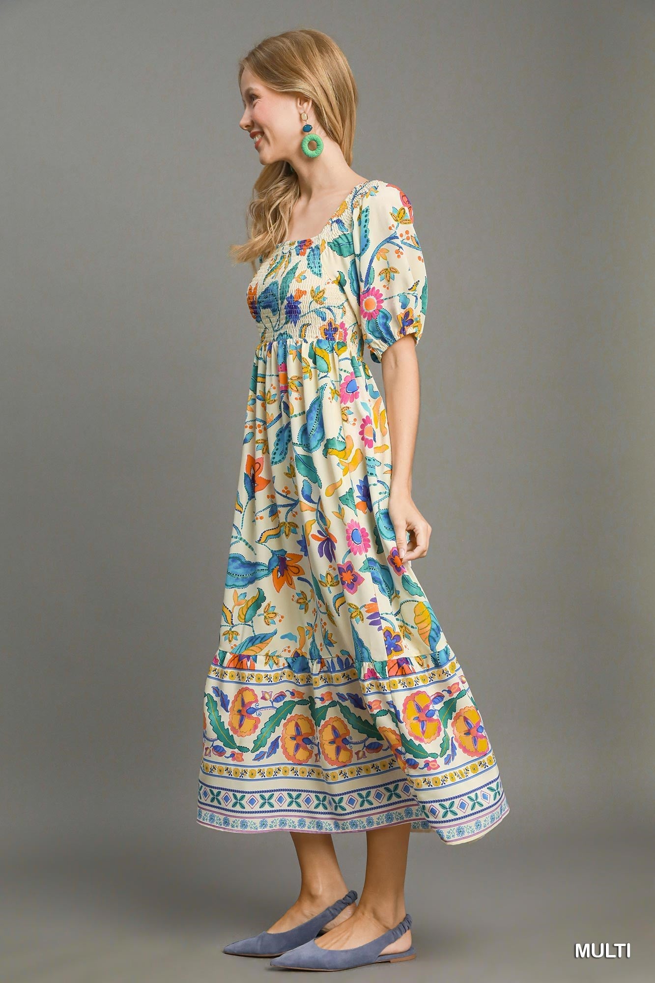Umgee Boho Floral Smocked Maxi Dress – Multicolor-Maxi Dresses-Umgee-Deja Nu Boutique, Women's Fashion Boutique in Lampasas, Texas