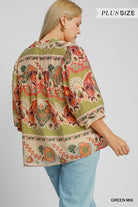 Umgee Border Print Split Neck Top With Puff Sleeves In Green Mix Plus-Curvy/Plus Tops-Umgee-Deja Nu Boutique, Women's Fashion Boutique in Lampasas, Texas