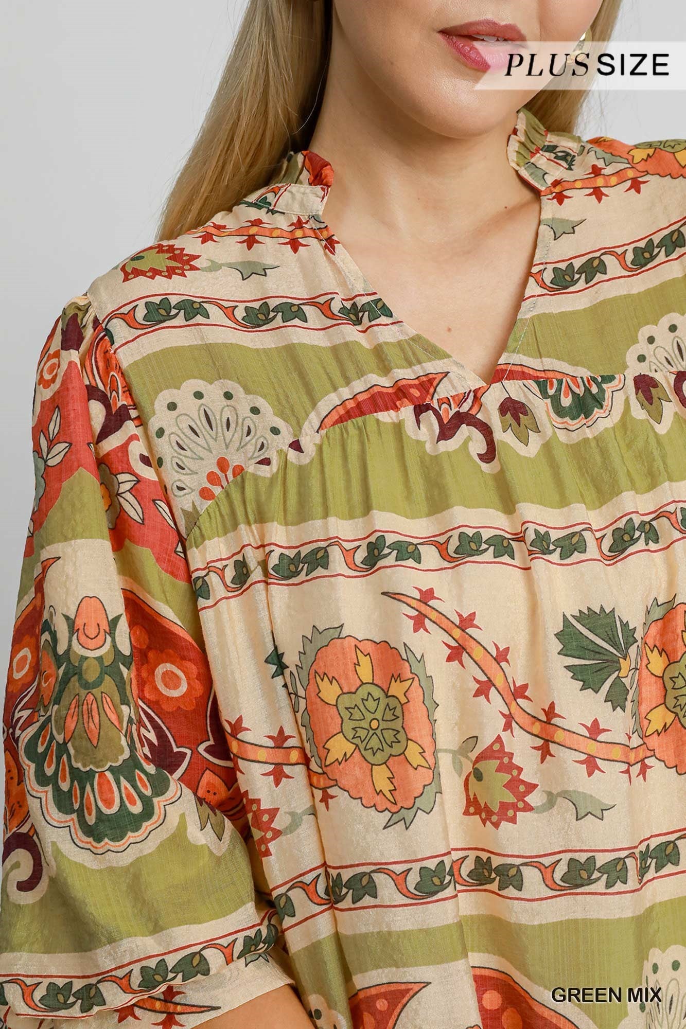 Umgee Border Print Split Neck Top With Puff Sleeves In Green Mix Plus-Curvy/Plus Tops-Umgee-Deja Nu Boutique, Women's Fashion Boutique in Lampasas, Texas