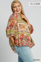 Umgee Border Print Split Neck Top With Puff Sleeves In Green Mix Plus-Curvy/Plus Tops-Umgee-Deja Nu Boutique, Women's Fashion Boutique in Lampasas, Texas