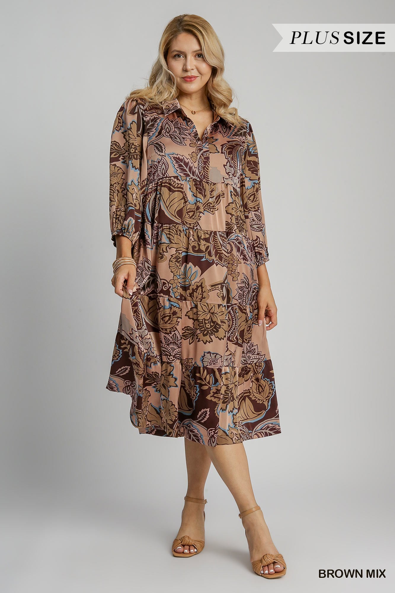 Umgee Brown Mix Satin Paisley Tiered Midi Dress Plus-Curvy/Plus Dresses-Umgee-Deja Nu Boutique, Women's Fashion Boutique in Lampasas, Texas