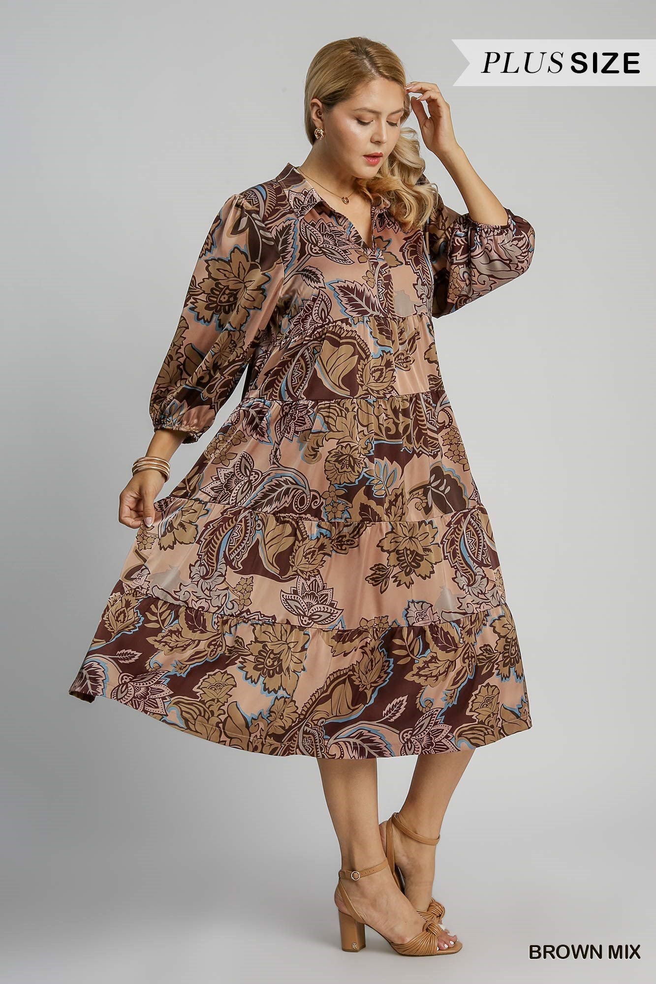 Umgee Brown Mix Satin Paisley Tiered Midi Dress Plus-Curvy/Plus Dresses-Umgee-Deja Nu Boutique, Women's Fashion Boutique in Lampasas, Texas