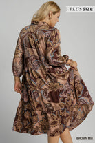 Umgee Brown Mix Satin Paisley Tiered Midi Dress Plus-Curvy/Plus Dresses-Umgee-Deja Nu Boutique, Women's Fashion Boutique in Lampasas, Texas