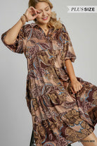 Umgee Brown Mix Satin Paisley Tiered Midi Dress Plus-Curvy/Plus Dresses-Umgee-Deja Nu Boutique, Women's Fashion Boutique in Lampasas, Texas