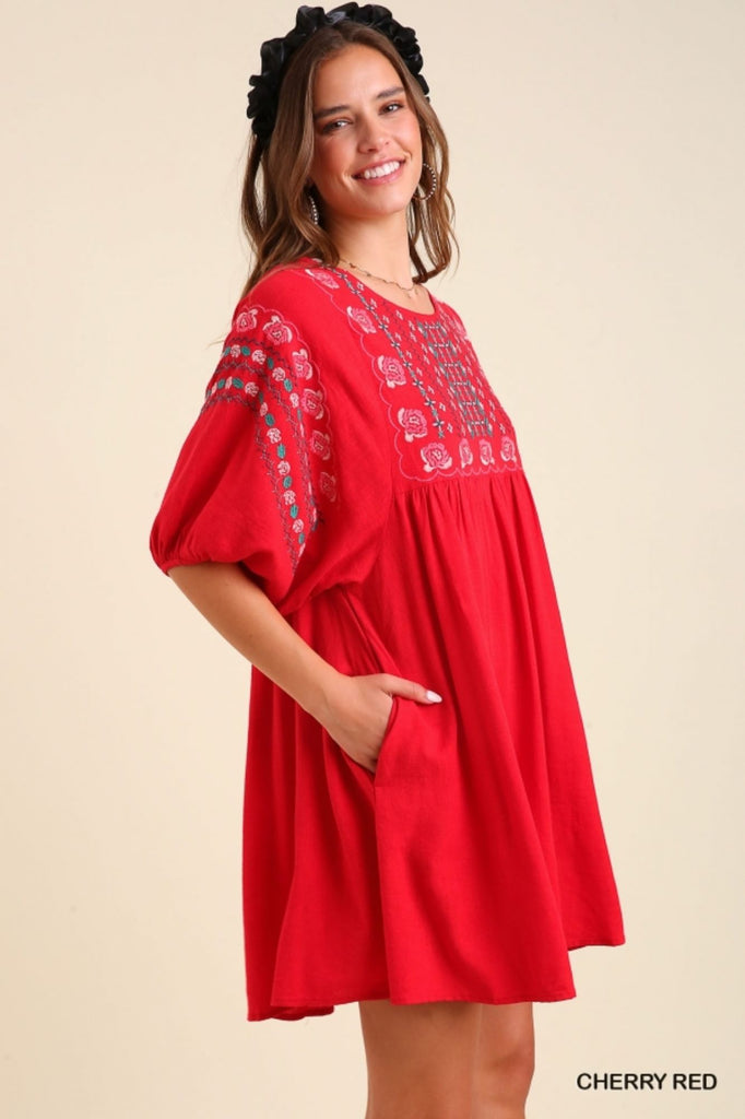 Umgee Cherry Red Floral Embroidered Dress With Pockets-Short Dresses-Umgee-Deja Nu Boutique, Women's Fashion Boutique in Lampasas, Texas