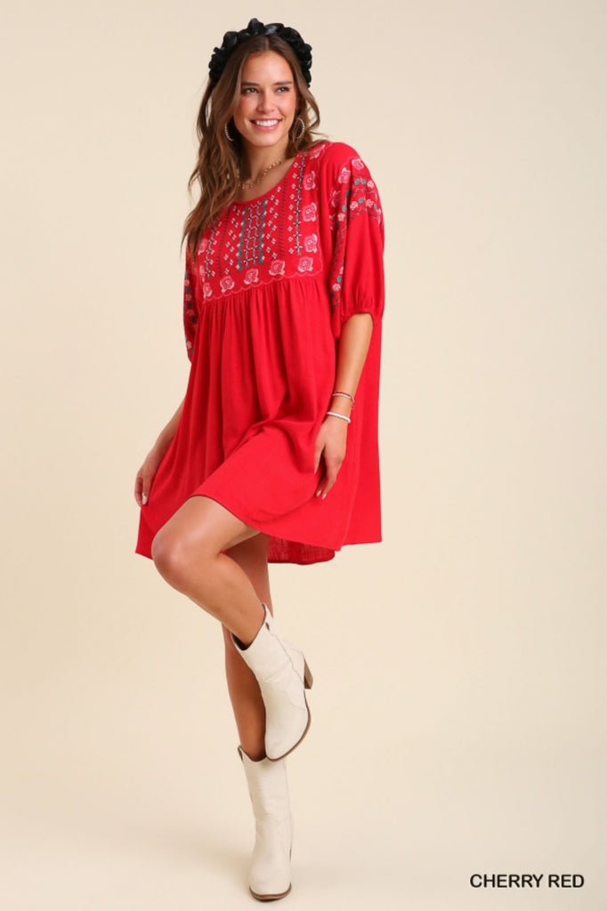 Umgee Cherry Red Floral Embroidered Dress With Pockets-Short Dresses-Umgee-Deja Nu Boutique, Women's Fashion Boutique in Lampasas, Texas