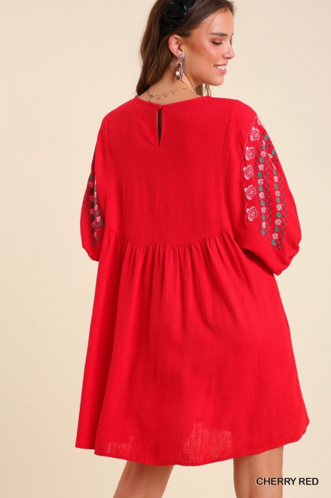 Umgee Cherry Red Floral Embroidered Dress With Pockets-Short Dresses-Umgee-Deja Nu Boutique, Women's Fashion Boutique in Lampasas, Texas