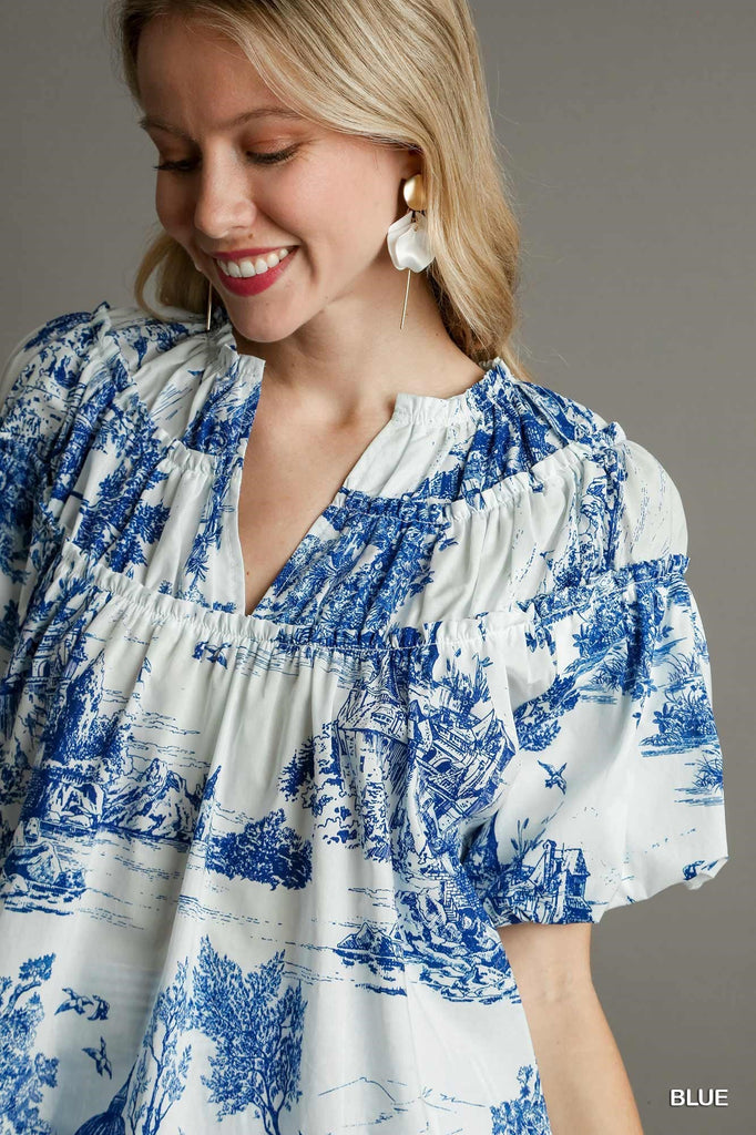Umgee Chic Harmony Two-Tone Landscape China Print Box Top In Blue And White-Tops-Umgee-Deja Nu Boutique, Women's Fashion Boutique in Lampasas, Texas