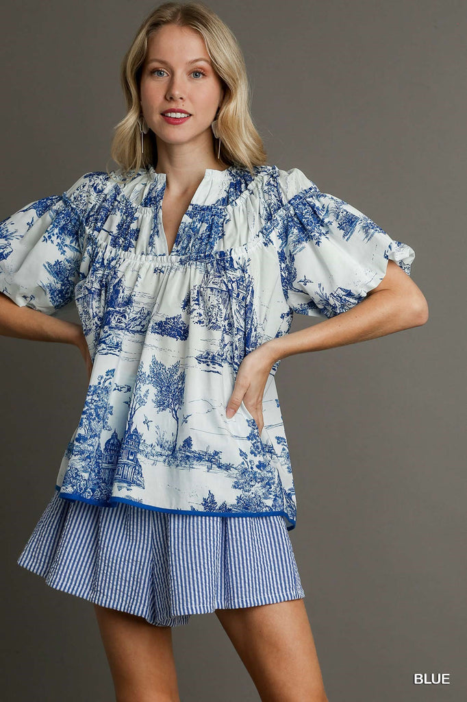 Umgee Chic Harmony Two-Tone Landscape China Print Box Top In Blue And White-Tops-Umgee-Deja Nu Boutique, Women's Fashion Boutique in Lampasas, Texas