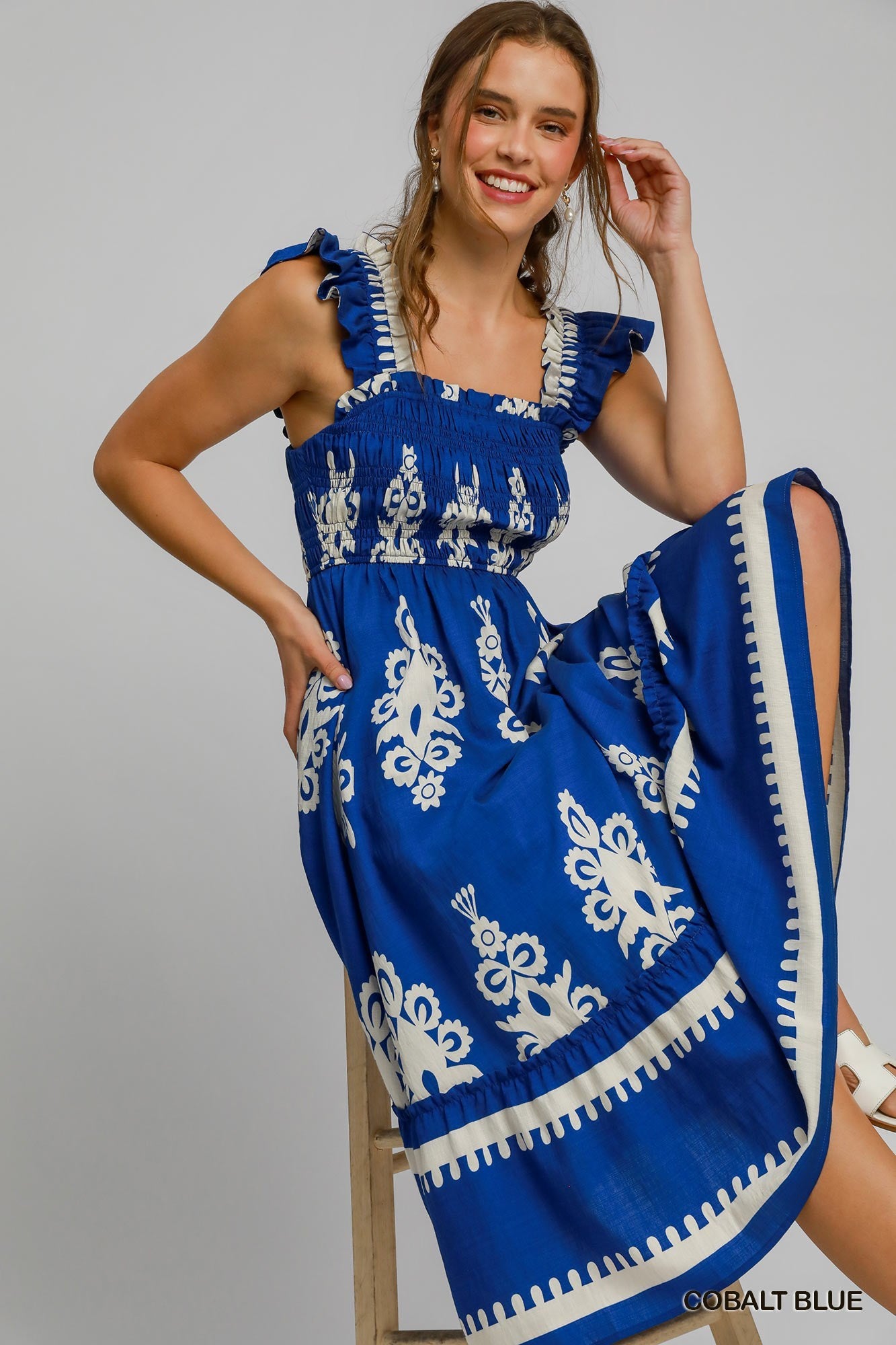 Umgee Cobalt Blue Border Print A-Line Sundress With Ruffle Straps-Midi Dresses-Umgee-Deja Nu Boutique, Women's Fashion Boutique in Lampasas, Texas