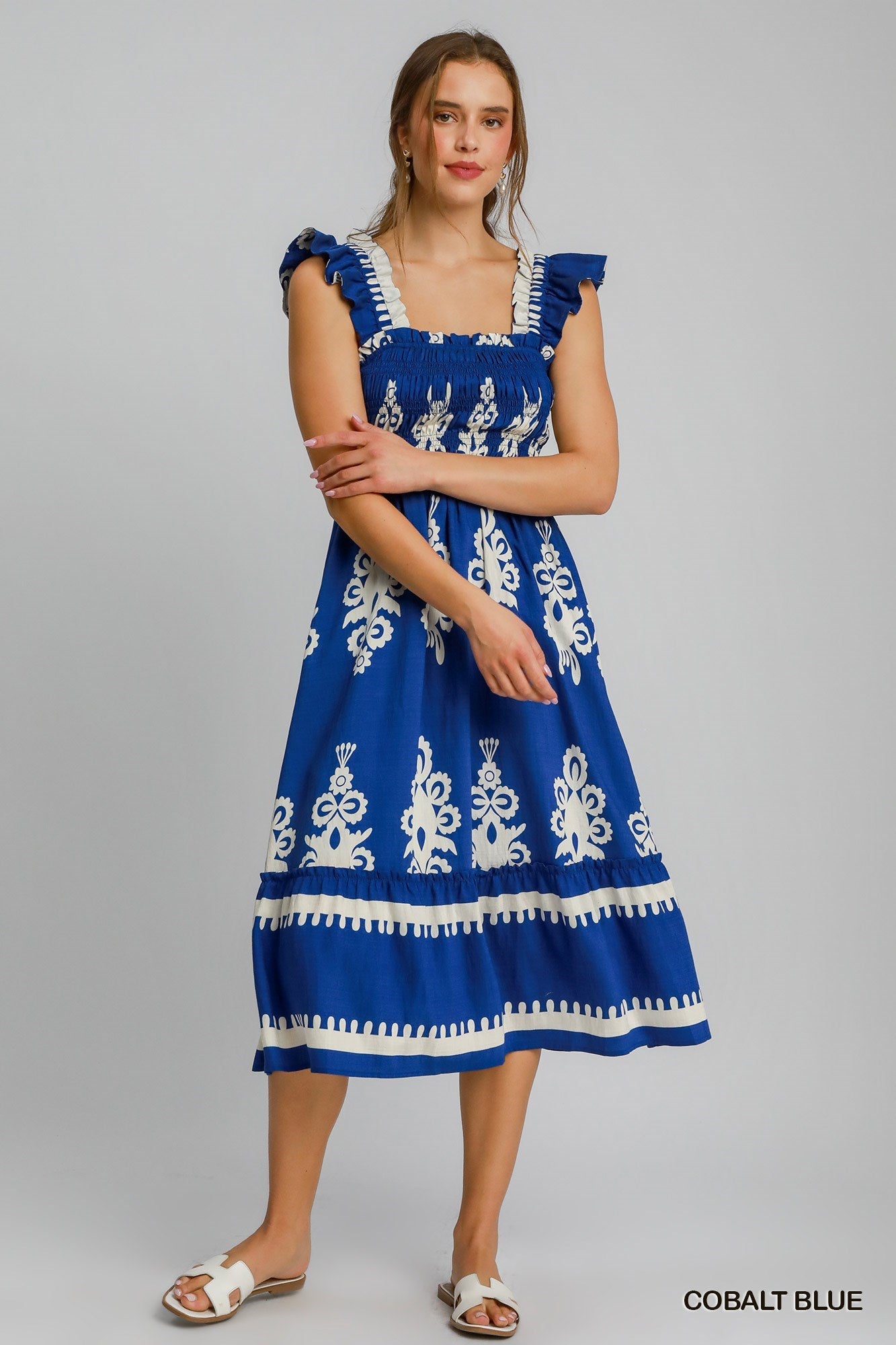 Umgee Cobalt Blue Border Print A-Line Sundress With Ruffle Straps-Midi Dresses-Umgee-Deja Nu Boutique, Women's Fashion Boutique in Lampasas, Texas