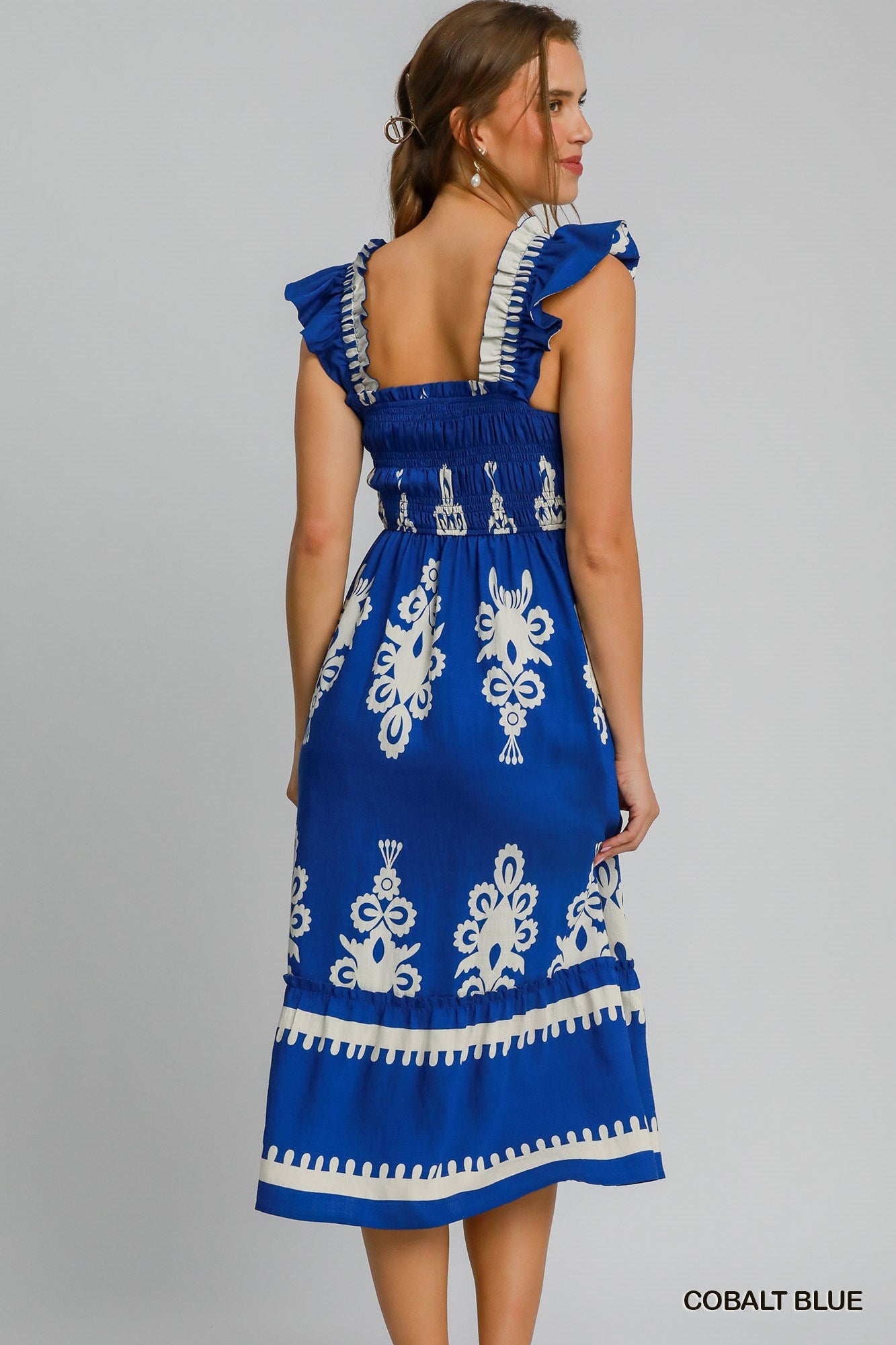 Umgee Cobalt Blue Border Print A-Line Sundress With Ruffle Straps-Midi Dresses-Umgee-Deja Nu Boutique, Women's Fashion Boutique in Lampasas, Texas